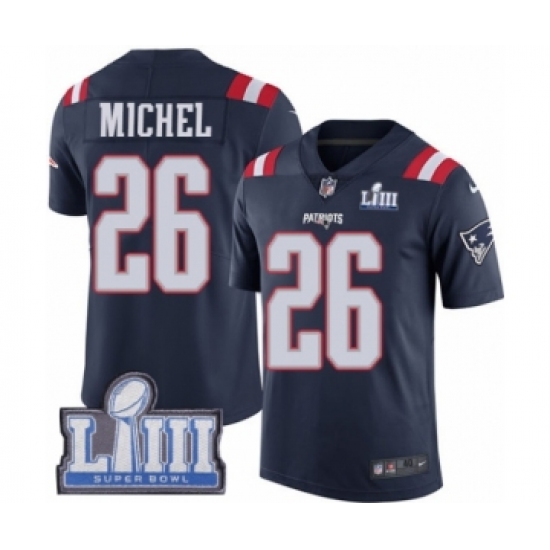 Men's Nike New England Patriots 26 Sony Michel Limited Navy Blue Rush Vapor Untouchable Super Bowl LIII Bound NFL Jersey