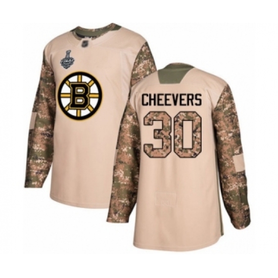 Youth Boston Bruins 30 Gerry Cheevers Authentic Camo Veterans Day Practice 2019 Stanley Cup Final Bound Hockey Jersey