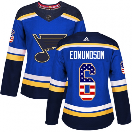 Women's Adidas St. Louis Blues 6 Joel Edmundson Authentic Blue USA Flag Fashion NHL Jersey