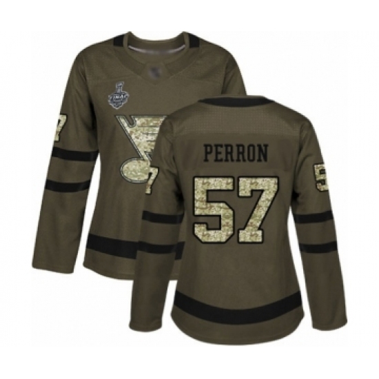 Women's St. Louis Blues 57 David Perron Authentic Green Salute to Service 2019 Stanley Cup Final Bound Hockey Jersey