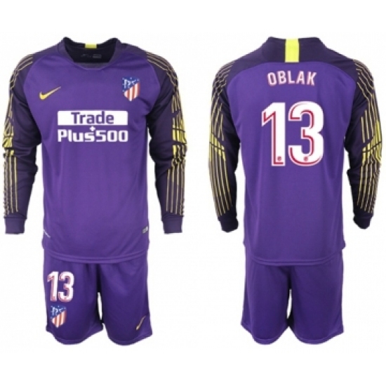 Atletico Madrid 13 Oblak Purple Goalkeeper Long Sleeves Soccer Club Jersey