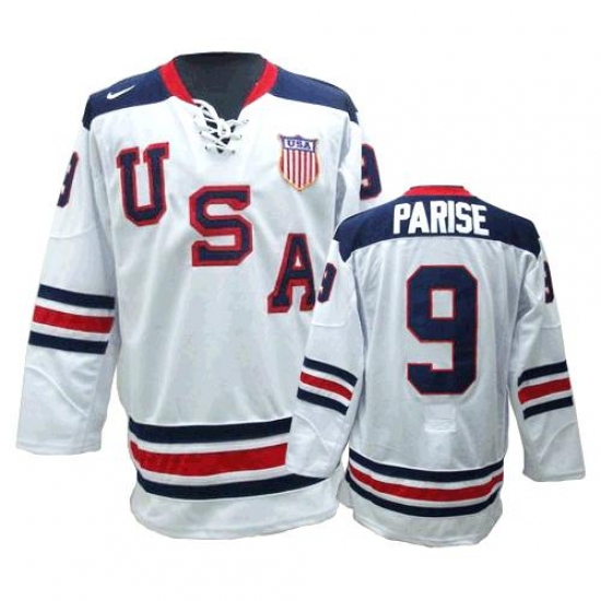 Men's Nike Team USA 9 Zach Parise Authentic White 1960 Throwback Olympic Hockey Jersey