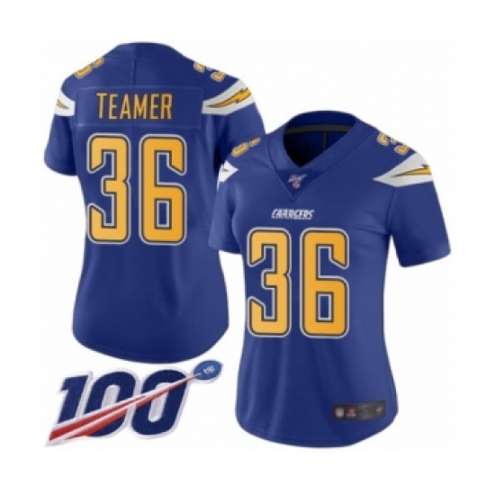 Women's Los Angeles Chargers 36 Roderic Teamer Limited Electric Blue Rush Vapor Untouchable 100th Season Football Jersey