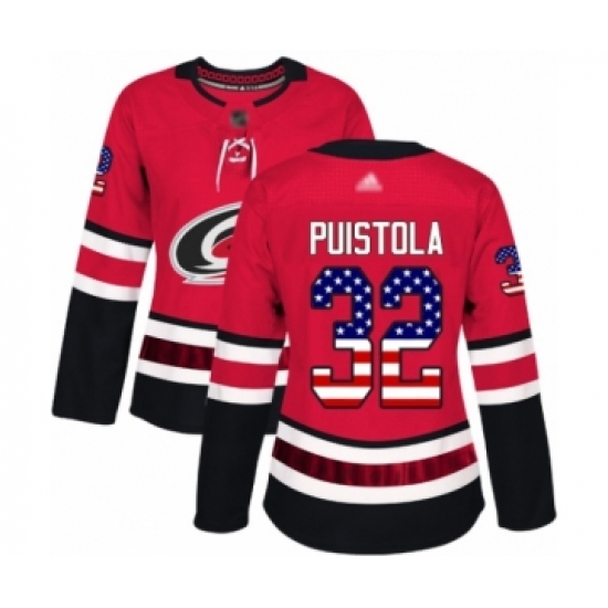 Women's Carolina Hurricanes 32 Patrik Puistola Authentic Red USA Flag Fashion Hockey Jersey