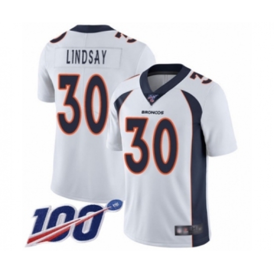 Men's Denver Broncos 30 Phillip Lindsay White Vapor Untouchable Limited Player 100th Season Football Jersey
