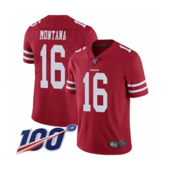 Youth San Francisco 49ers 16 Joe Montana Red Team Color Vapor Untouchable Limited Player 100th Season Football Jersey