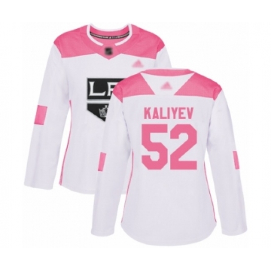 Women's Los Angeles Kings 52 Arthur Kaliyev Authentic White Pink Fashion Hockey Jersey