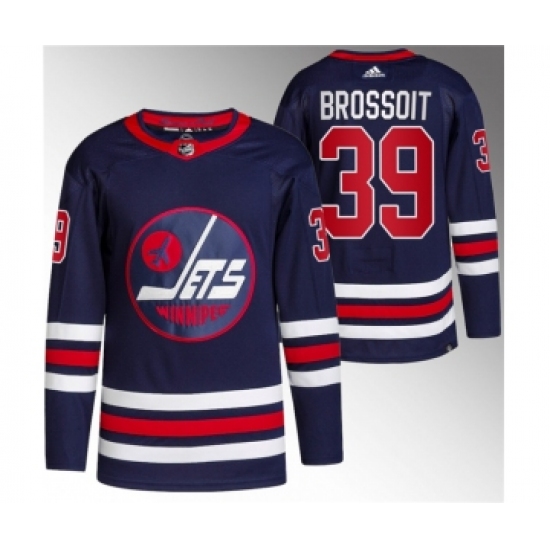 Men's Winnipeg Jets 39 Laurent Brossoit 2021-22 Navy Stitched Jersey