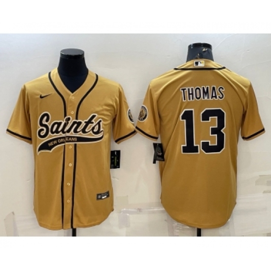 Men's New Orleans Saints 13 Michael Thomas Gold With Patch Cool Base Stitched Baseball Jersey