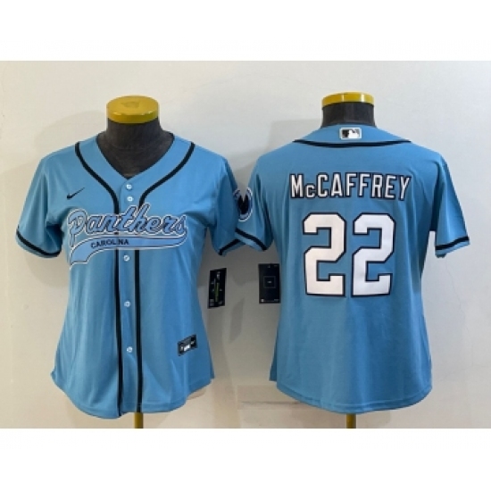 Women's Carolina Panthers 22 Christian McCaffrey Blue With Patch Cool Base Stitched Baseball Jersey