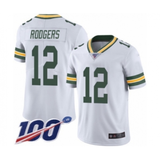 Men's Green Bay Packers 12 Aaron Rodgers White Vapor Untouchable Limited Player 100th Season Football Jersey