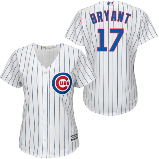 Women's Majestic Chicago Cubs 17 Kris Bryant Authentic White/Blue Strip Fashion MLB Jersey