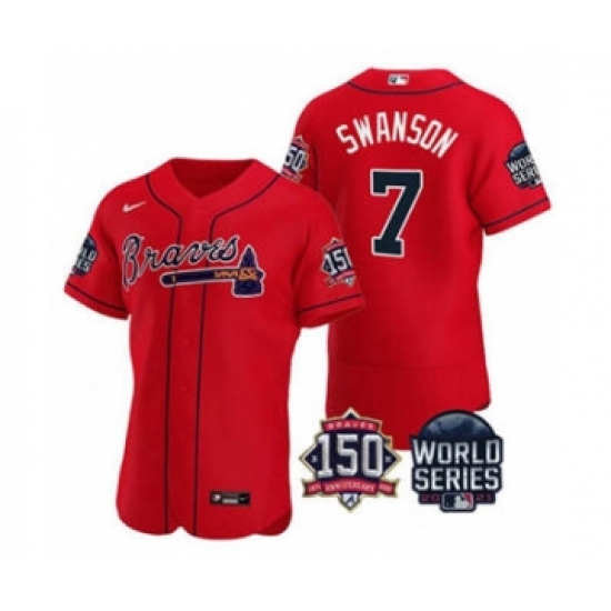 Men's Atlanta Braves 7 Dansby Swanson 2021 Red World Series Flex Base With 150th Anniversary Patch Baseball Jersey