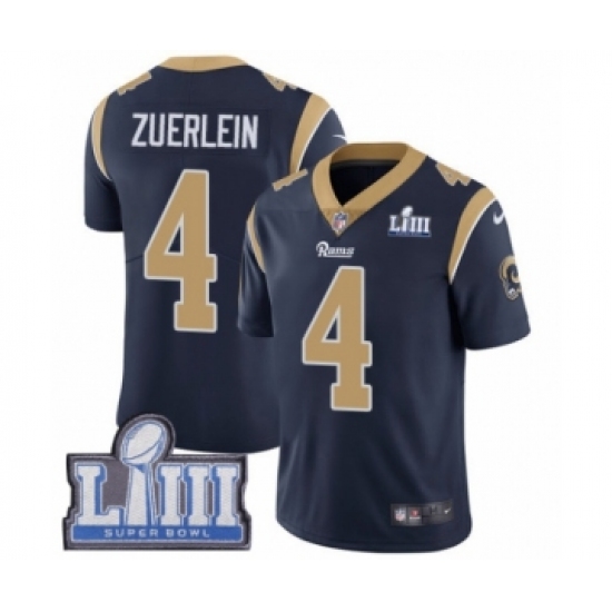 Youth Nike Los Angeles Rams 4 Greg Zuerlein Navy Blue Team Color Vapor Untouchable Limited Player Super Bowl LIII Bound NFL Jersey