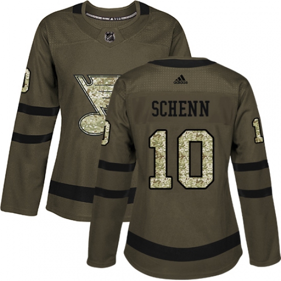 Women's Adidas St. Louis Blues 10 Brayden Schenn Authentic Green Salute to Service NHL Jersey