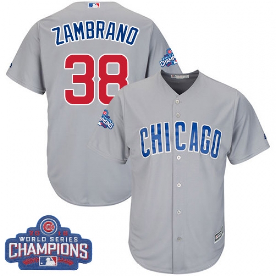 Youth Majestic Chicago Cubs 38 Carlos Zambrano Authentic Grey Road 2016 World Series Champions Cool Base MLB Jersey