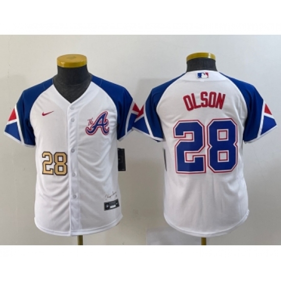 Youth Atlanta Braves 28 Matt Olson Number White 2023 City Connect Cool Base Stitched Jersey