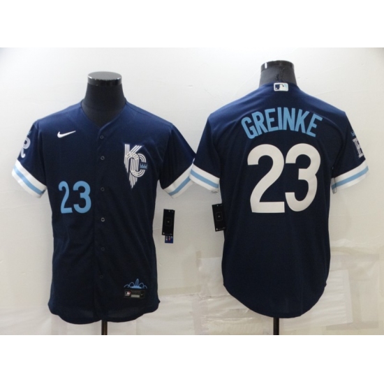 Men's Kansas City Royals 23 Zack Greinke Number 2022 Navy Blue City Connect Flex Base Stitched Jersey