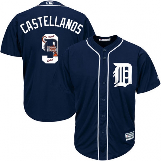 Men's Majestic Detroit Tigers 9 Nick Castellanos Authentic Navy Blue Team Logo Fashion Cool Base MLB Jersey