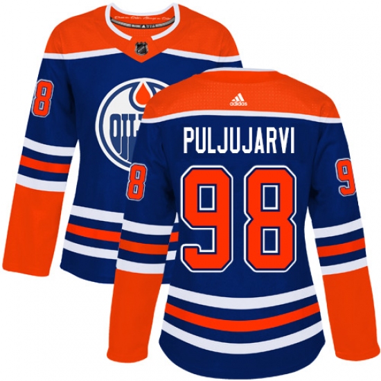 Women's Adidas Edmonton Oilers 98 Jesse Puljujarvi Authentic Royal Blue Alternate NHL Jersey