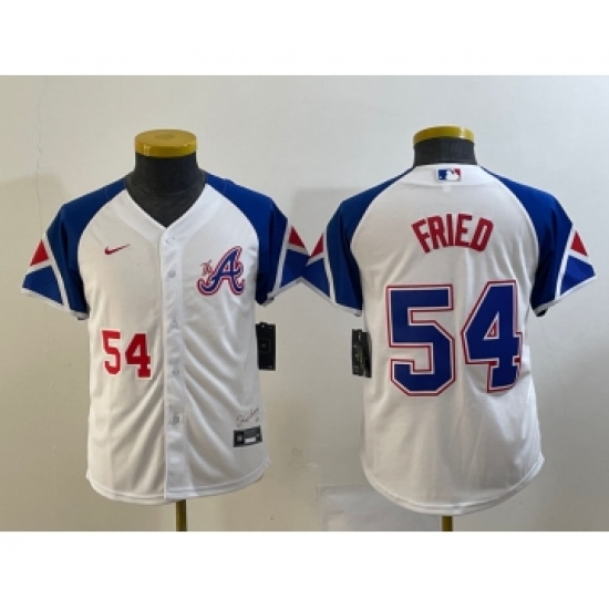 Youth Atlanta Braves 54 Max Fried Number White 2023 City Connect Cool Base Stitched Jersey