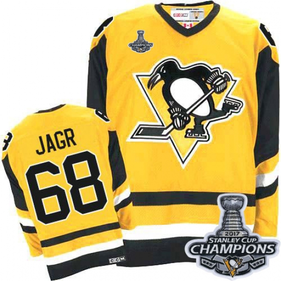 Men's CCM Pittsburgh Penguins 68 Jaromir Jagr Premier Yellow Throwback 2017 Stanley Cup Champions NHL Jersey