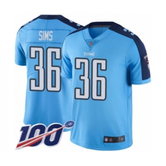 Youth Tennessee Titans 36 LeShaun Sims Limited Light Blue Rush Vapor Untouchable 100th Season Football Jersey