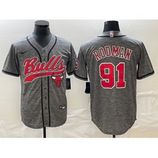 Men's Chicago Bulls 91 Dennis Rodman Grey Gridiron Cool Base Stitched Baseball Jersey