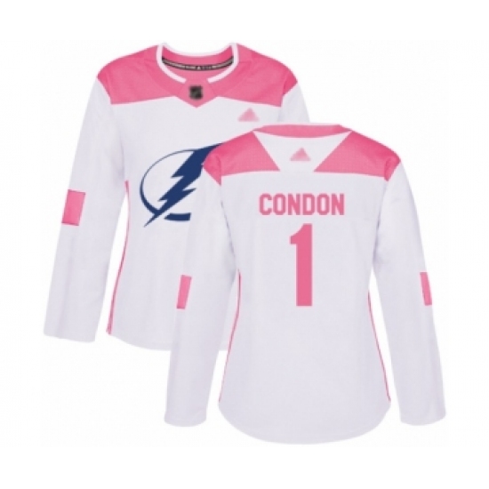 Women's Tampa Bay Lightning 1 Mike Condon Authentic White Pink Fashion Hockey Jersey