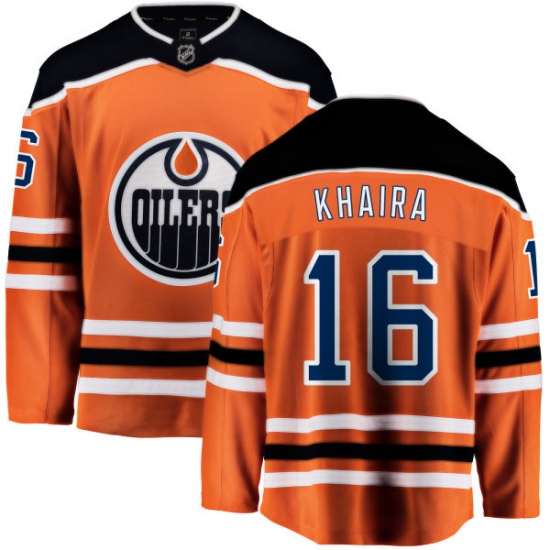 Youth Edmonton Oilers 16 Jujhar Khaira Fanatics Branded Orange Home Breakaway NHL Jersey