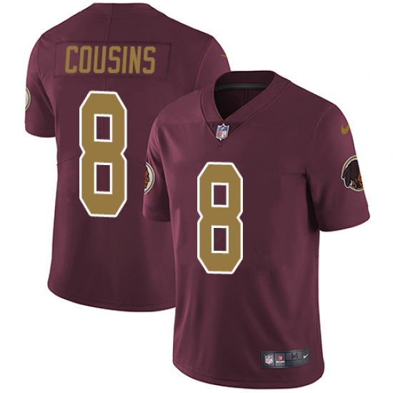 Men's Nike Washington Redskins 8 Kirk Cousins Burgundy Red/Gold Number Alternate 80TH Anniversary Vapor Untouchable Limited Player NFL Jersey