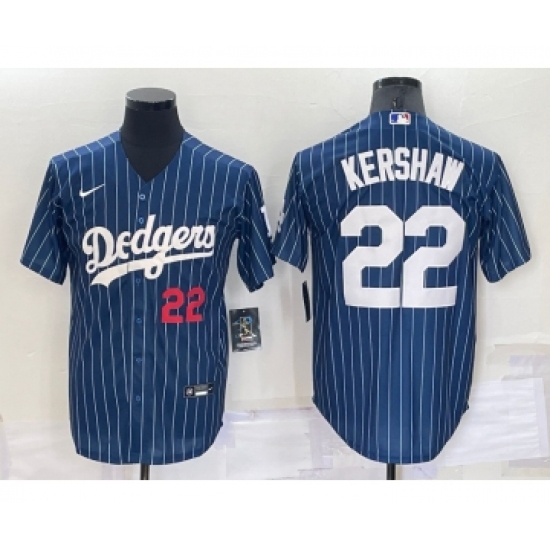 Men's Los Angeles Dodgers 22 Clayton Kershaw Number Red Navy Blue Pinstripe Stitched MLB Cool Base Nike Jersey