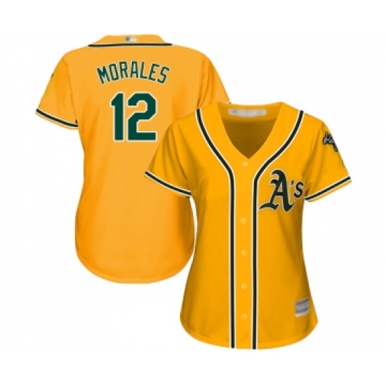 Women's Oakland Athletics 12 Kendrys Morales Replica Gold Alternate 2 Cool Base Baseball Jersey