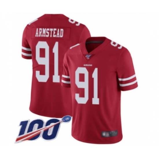 Men's San Francisco 49ers 91 Arik Armstead Red Team Color Vapor Untouchable Limited Player 100th Season Football Jersey