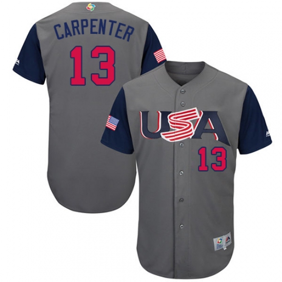 Men's USA Baseball Majestic 13 Matt Carpenter Gray 2017 World Baseball Classic Authentic Team Jersey