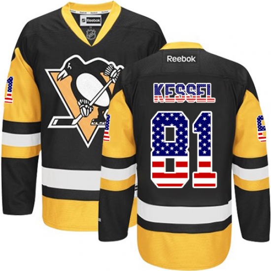 Men's Reebok Pittsburgh Penguins 81 Phil Kessel Authentic Black/Gold USA Flag Fashion NHL Jersey