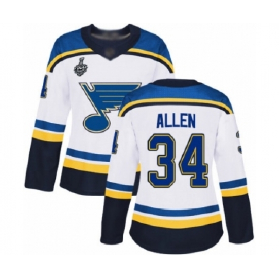 Women's St. Louis Blues 34 Jake Allen Authentic White Away 2019 Stanley Cup Final Bound Hockey Jersey