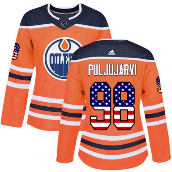 Women's Adidas Edmonton Oilers 98 Jesse Puljujarvi Authentic Orange USA Flag Fashion NHL Jersey