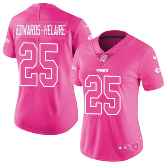 Women's Kansas City Chiefs 25 Clyde Edwards-Helaire Pink Stitched Limited Rush Fashion Jersey