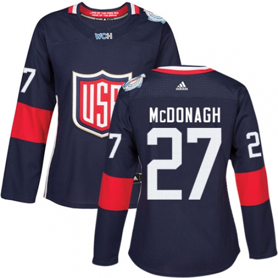 Women's Adidas Team USA 27 Ryan McDonagh Authentic Navy Blue Away 2016 World Cup Hockey Jersey