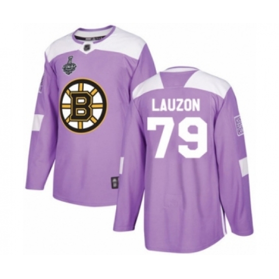 Men's Boston Bruins 79 Jeremy Lauzon Authentic Purple Fights Cancer Practice 2019 Stanley Cup Final Bound Hockey Jersey