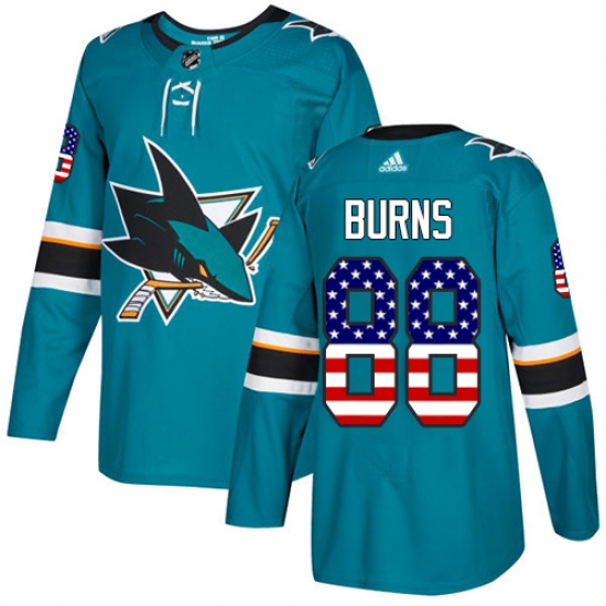 Men's Adidas San Jose Sharks 88 Brent Burns Authentic Teal Green USA Flag Fashion NHL Jersey