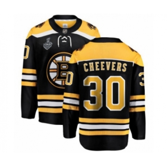 Men's Boston Bruins 30 Gerry Cheevers Authentic Black Home Fanatics Branded Breakaway 2019 Stanley Cup Final Bound Hockey Jersey