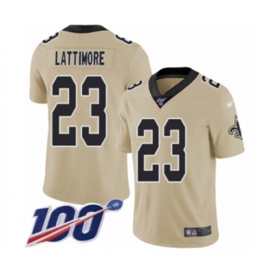 Men's New Orleans Saints 23 Marshon Lattimore Limited Gold Inverted Legend 100th Season Football Jersey