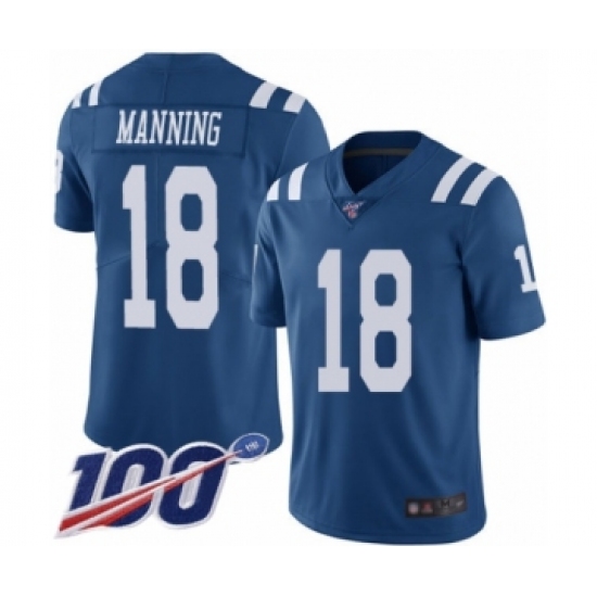 Men's Indianapolis Colts 18 Peyton Manning Limited Royal Blue Rush Vapor Untouchable 100th Season Football Jersey