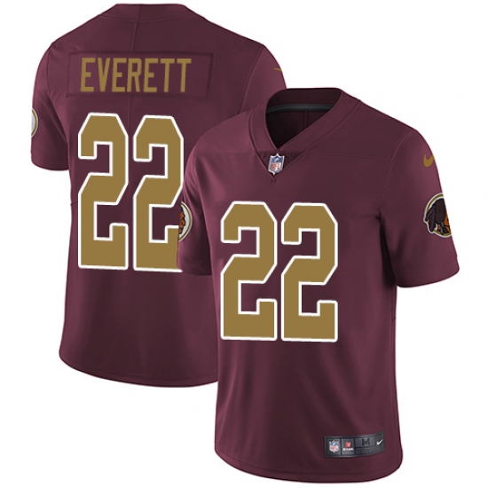 Youth Nike Washington Redskins 22 Deshazor Everett Burgundy Red/Gold Number Alternate 80TH Anniversary Vapor Untouchable Elite Player NFL Jersey