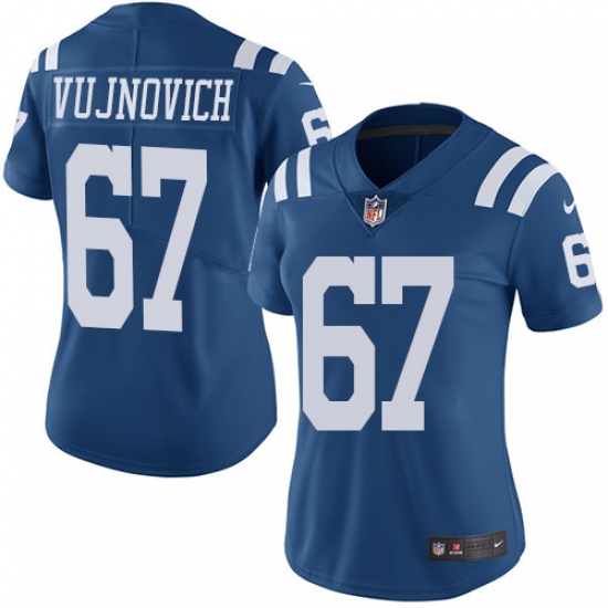 Women's Nike Indianapolis Colts 67 Jeremy Vujnovich Limited Royal Blue Rush Vapor Untouchable NFL Jersey