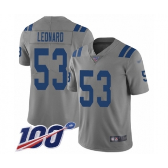 Men's Indianapolis Colts 53 Darius Leonard Limited Gray Inverted Legend 100th Season Football Jersey