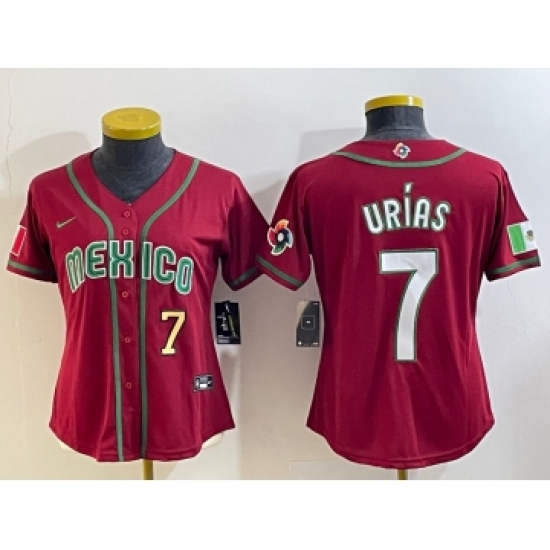 Women's Mexico Baseball 7 Julio Urias Number 2023 Red World Baseball Classic Stitched Jersey1