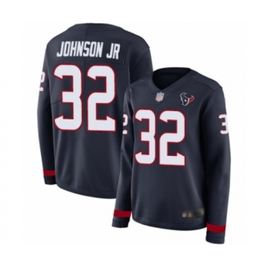 Women's Houston Texans 32 Lonnie Johnson Limited Navy Blue Therma Long Sleeve Football Jersey